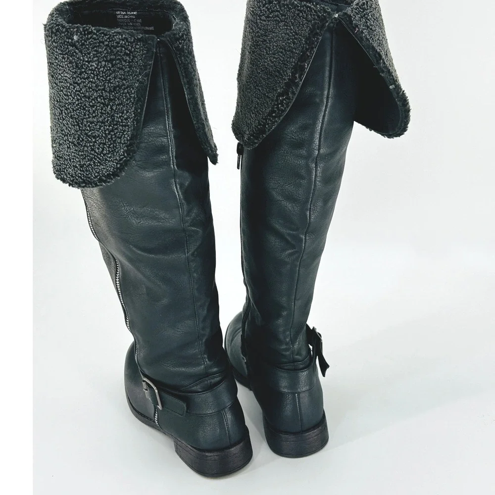 Women's Black Knee-High Winter Boots Shearling Cuff Flat Moto Utility‎ Size 9